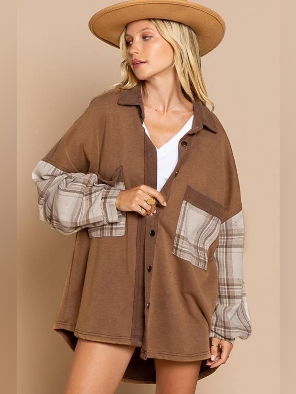 POL Brown Plaid Contrast Oversized Shacket Small